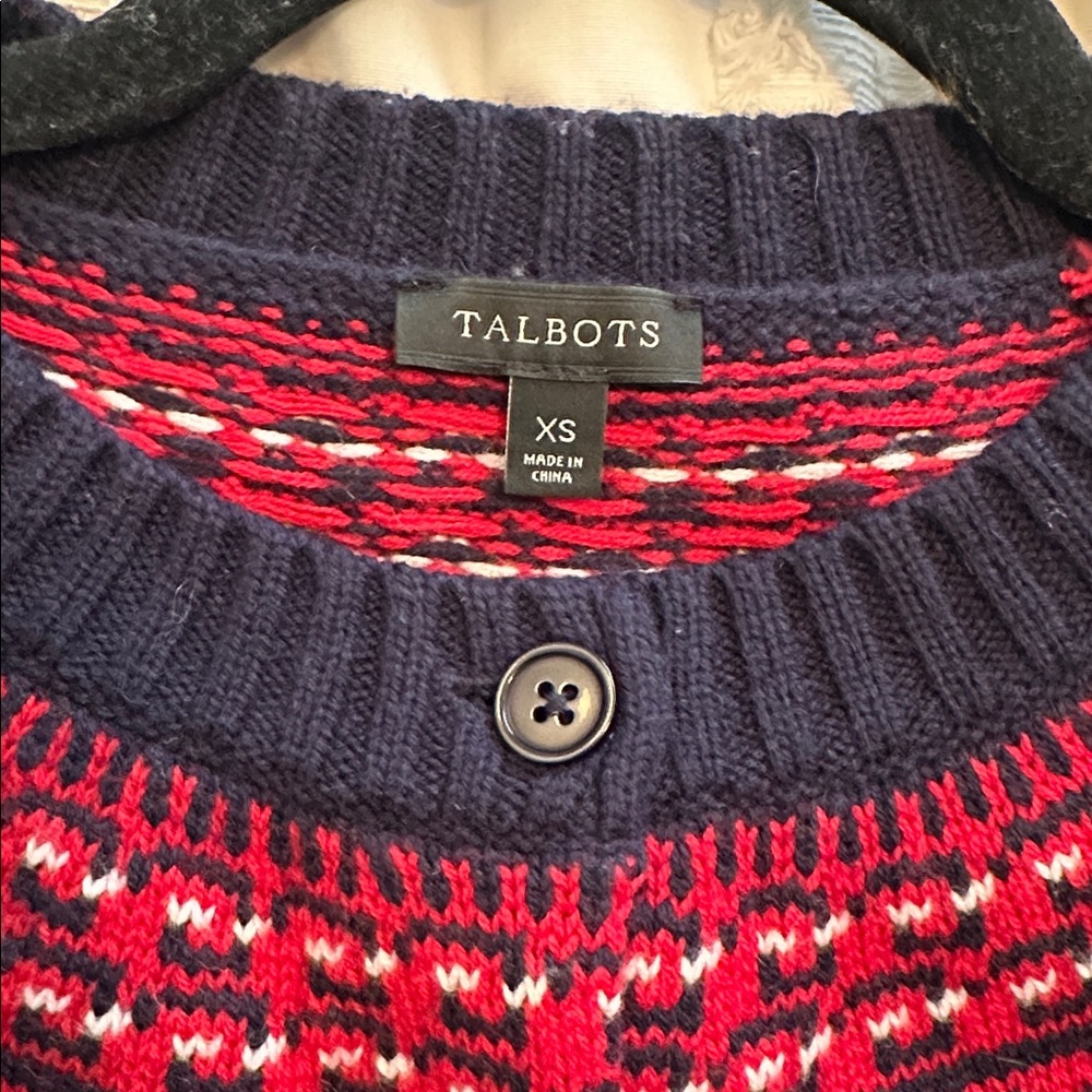 Talbots fair isle cardigan wool blend xs navy red - Picture 5 of 6